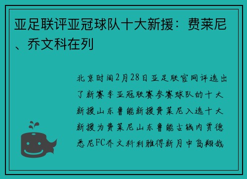 亚足联评亚冠球队十大新援：费莱尼、乔文科在列